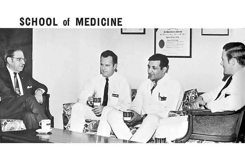 Picture of the class of 1970 officers with text reading School of Medicine Picture of the class of 1970 officers
